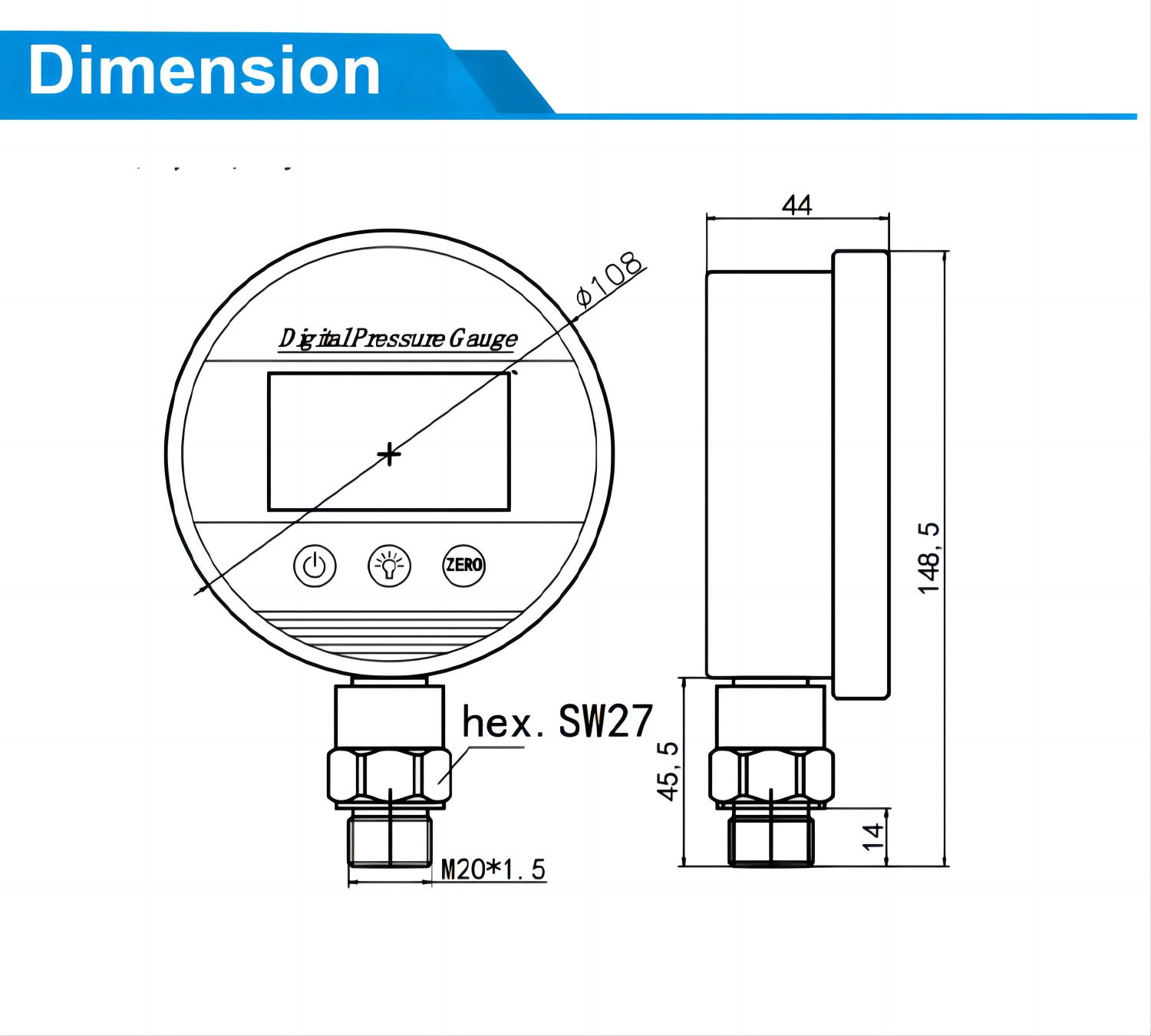 Digital Pressure Gauge Datalogger Dimensions