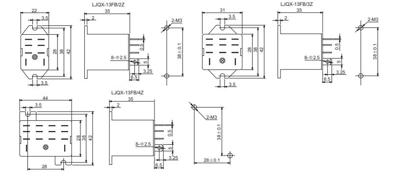 LJQX-13FB-2Z、LJQX-13FB-3Z、LJQX-13FB-4ZInstallation dimensions and connecting diagram